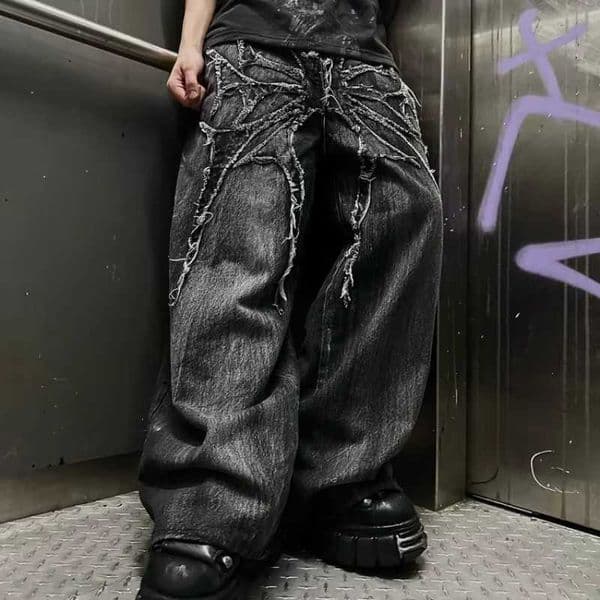 Gothic Retro Baggy Unisex Mopping Pants Y2K Phantom Jeans High Street Spider Embroidered Patch Hip Hop Streetwear Straight Jeans H260530
