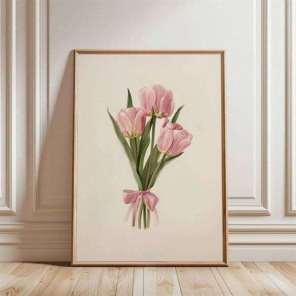 Pink Tulip Floral Wall Art Canvas with Frame, Minimalist Flower Painting for Living Room Bedroom Home Decor Modern Nordic Style 26Y0527