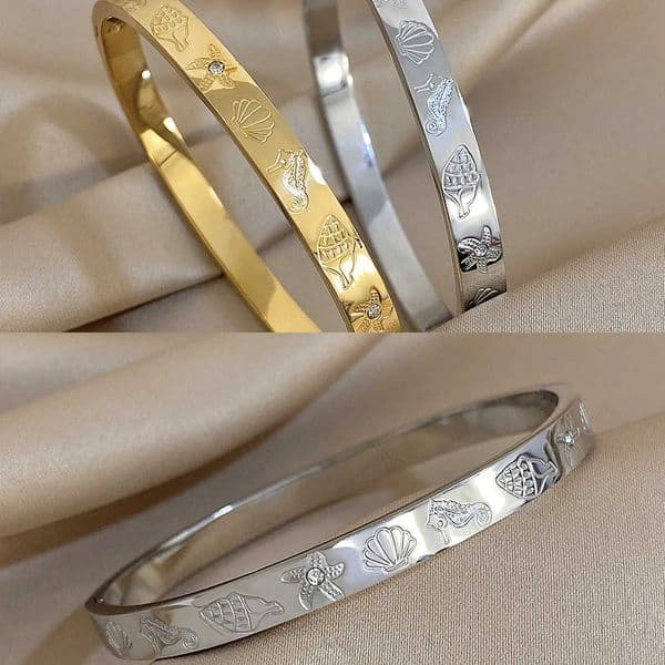 New Starfish Shell Seahorse Carved Stainless Steel Cuff Bangles s Retro Rhinestone Wristband Waterproof Jewelry Womens L260530
