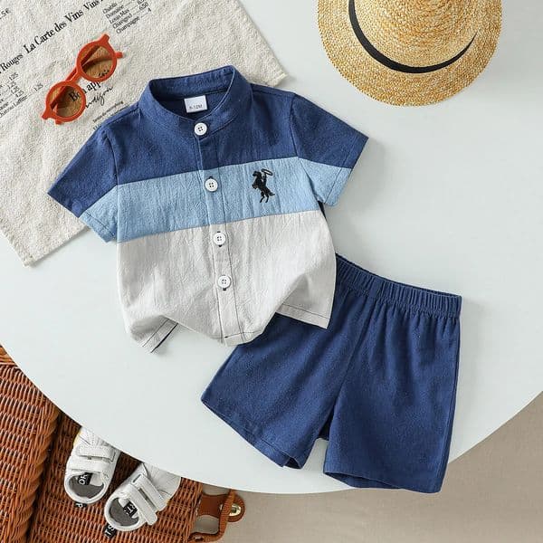 2-Piece Baby Boy Summer Leisure Outdoor Cotton Breathable Comfort Color Patchwork Short Sleeve Shorts Set Pattern 1-3Y 260529