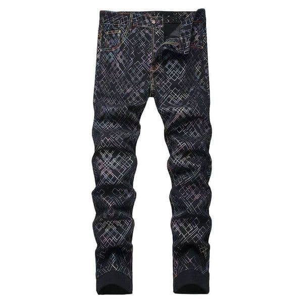 Men Printed Jeans Colored Shinning Geometry Plaid Painted Pants Black Stretch Denim Slim Straight Trousers 26L0530