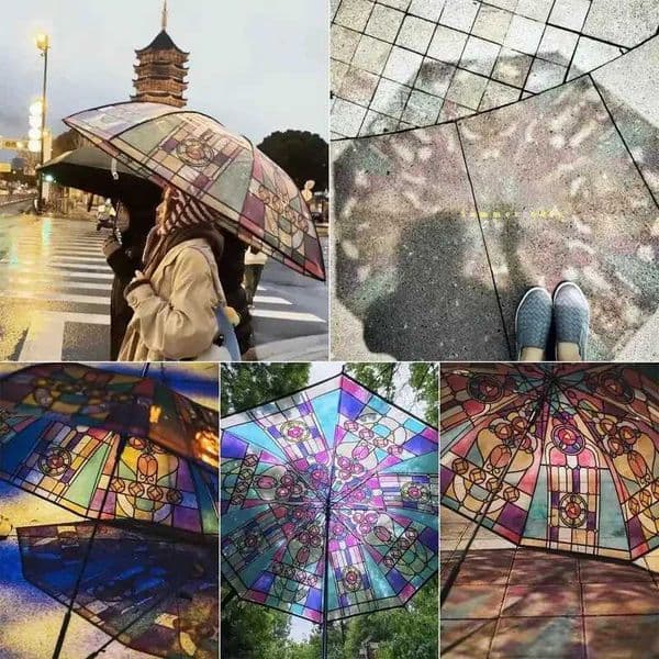 Vintage Stained Glass Automatic Folding Umbrella Romantic Sunny Hand-Painted Clear Umbrellas Stylish Portable Travel UmbrellaJ260530