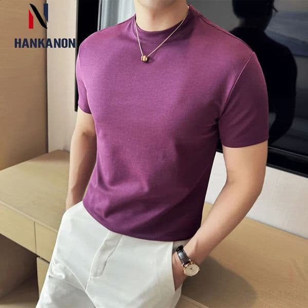 Highquality Mens Shortsleeved Tshirt Embroidered Highnecked Undershirt Slimfit Stretch TopHighquality Cotton 85 260530