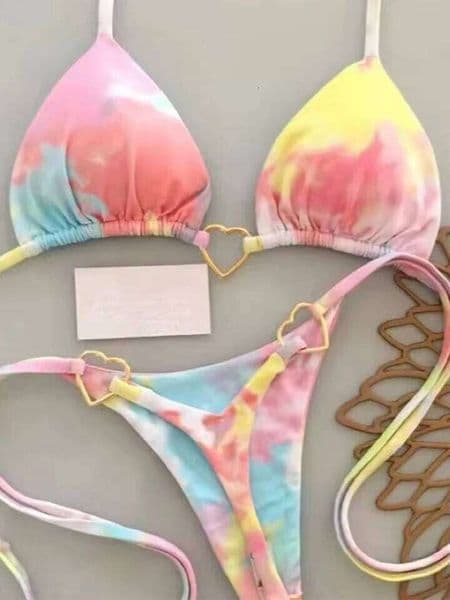 Vzvn Sexy Lace Up Tie Dye Women Split Swimsuit Beach Vacation Bikini 2026 All Season Backless Thong Bikinis 2 Piece Set 26L0530