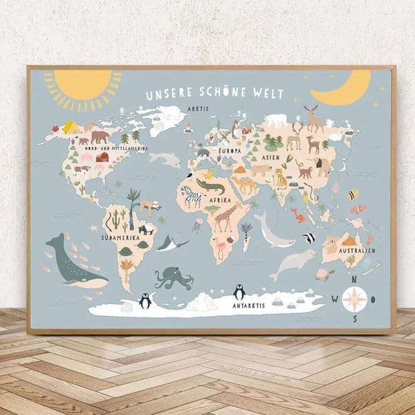 Scandinavian Children's Wall Art Animal World Map HD Canvas Oil Painting Posters and Prints Home Bedroom Living Room Decor 26Y0527