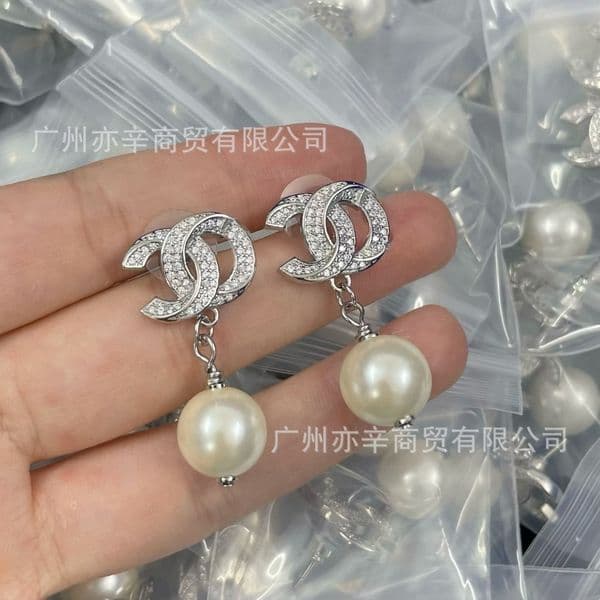cc earrings pearl channels earring Full diamond cross pearl stud earrings for women elegant womens earrings channeled