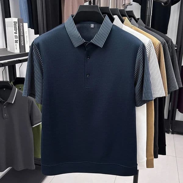 Casual Men Striped Sleeve Polo Shirt Short Sleeve Business Breathable Lightweight Summer Top 260530