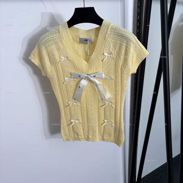 Popular V-neck women top summer lady knitwear women designer clothes bow shaped slim fit short sleeved knitted T-shirt A699X14N069