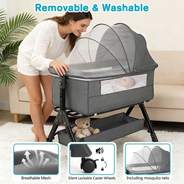 Portable Baby Bassinet Foldable Height Splicing Baby Cradle Bed 3 in 1 Baby Bassinet Bedside Sleeper for 0-18 MonthsInfant C260530