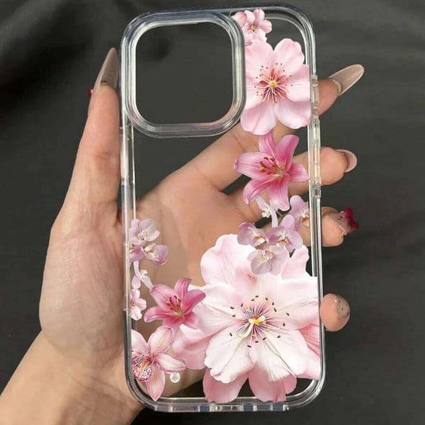 Pink Lily Flower Phone For 16 Case iPhone 15 13 11 12 14 Pro Max Acrylic Shockproof Clear Flowers Pattern Cover