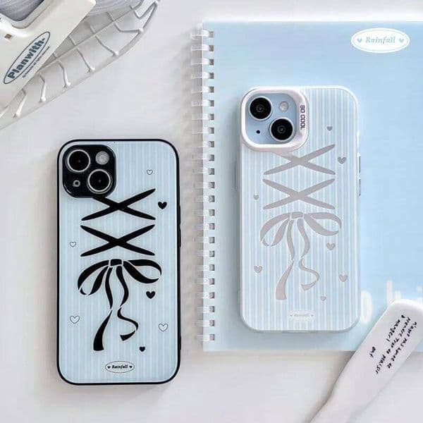 Korean Ins Blue Stripe Bowknot Phone Case For iPhone 17Air 17 16 15 14 13 12 11 Pro Max 7 8 Plus Mini X XR XS Y2K Sweet Cover