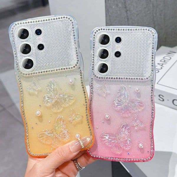 3D Butterfly Glitter Transparent Phone Case For Samsung Galaxy S26 S26+ S25 Ultra Plus Luxury Diamond Soft Silicone Cover