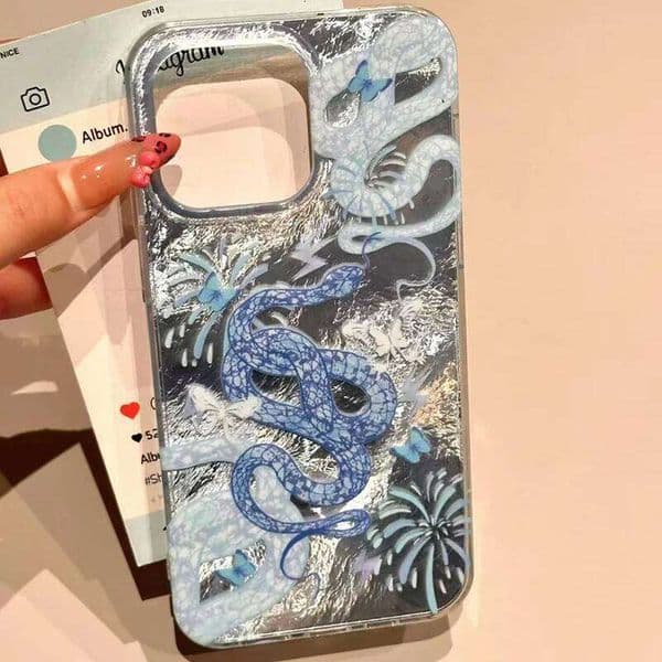 Phone Case For iPhone X XS XR 7 8 Plus 14 15 16 ES 11 12 13 Pro Max Oriental Style Snake Firework Glitter Glacier Pattern Cover