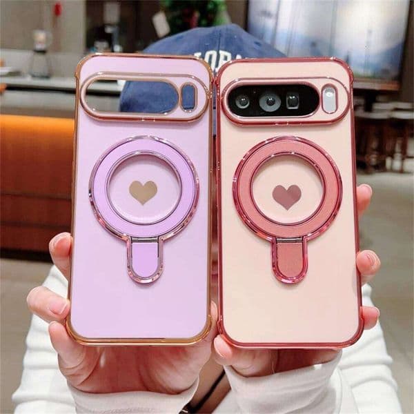 Brand New Glossy Plating Love Heart Graffiti Folding Bracket Case For Google Pixel 10 9 XL 8 A Pro Full-pack Anti-Drop Cover