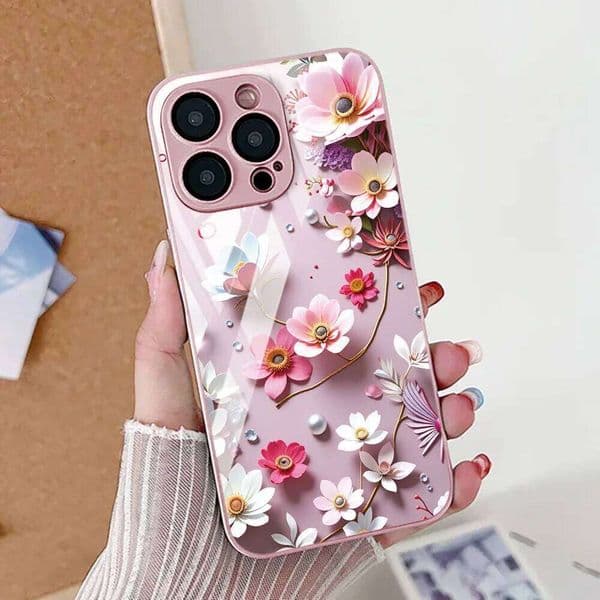 Pink Flower Phone For 17 Case iPhone 14 16 13 11 15 12 Pro Max Air 16E 7 8 Plus XR SE 2022 Tempered Glass Cover
