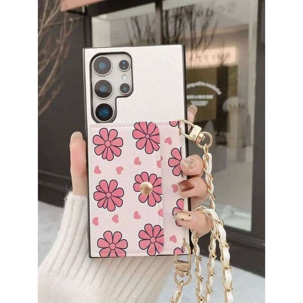 Pu Leather Phone Case Pink Coin Card Holder With Metal Long Chain For Samsung S20 A15 A16 A10 A73 A40 A31 Note 9Luxury Elegant