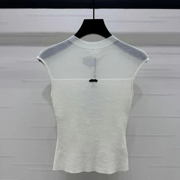 Women sexy stand collar perspective gauze patched designer knitted vest logo embroidery slim waist tanks top SMLXLXXL
