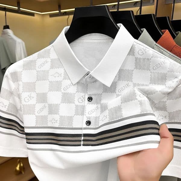 2026 Business Style High-Elastic Summer Cool Feeling Polo Shirt Printed Mens Short Sleeve Collared Striped 260530