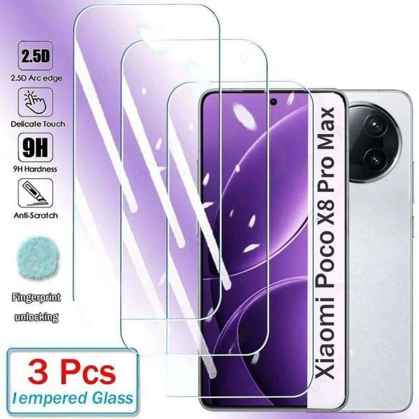 1-3Pcs Tempered For Xiaomi Poco X8 Max F8 Ultra X/M/F 8 7 6 Pro Screen Protective Cover Glass Film Fingerprint Unlock