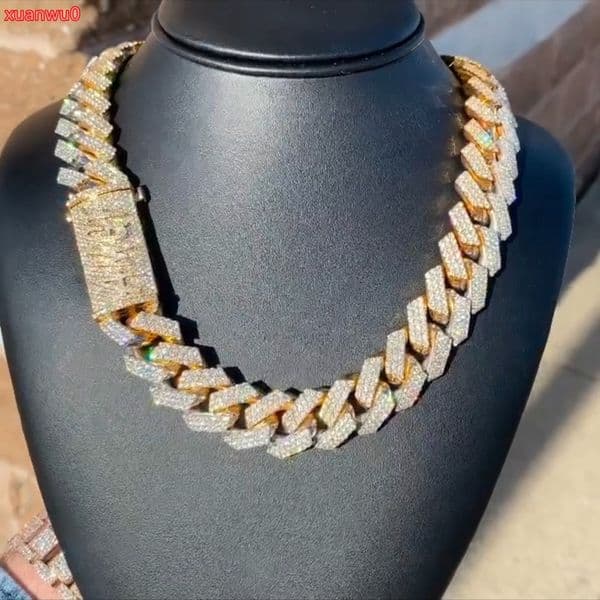 High Quality Iced Jewelz 20mm Cuban Link D VVS Moissanite Diamond 925 Sterling Silver Hip Hop Necklace Yellow Gold Micron