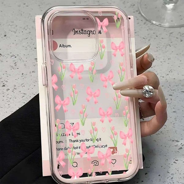 Pretty Pink Bow Tulip Pattern 2in1 Clear Case For Samsung Galaxy S26 Ultra S25 S23 FE S24 S22 Plus A57 A37 A55 A54 A36 A35 Cover