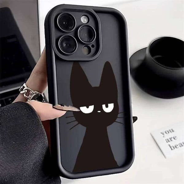 Cute Black Cat Phone For 15 Case iPhone 11 13 16e 14 12 16 Pro Max XR 7 8 Plus SE Candy Color Shockproof Soft Cover