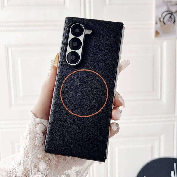 Minimalist Leather Foldable Screen Phone Case For Samsung Galaxy Z Fold 7 6 5 Fine Ring Magnetic Wireless Charging Protect Cover