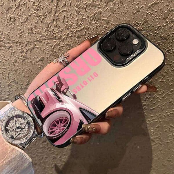Cool Pink Racing Phone Case for iPhone 17 16 14 13 12 11 Pro Max 15 Plus - Sporty Glossy Finish Car Lovers Teens Cover