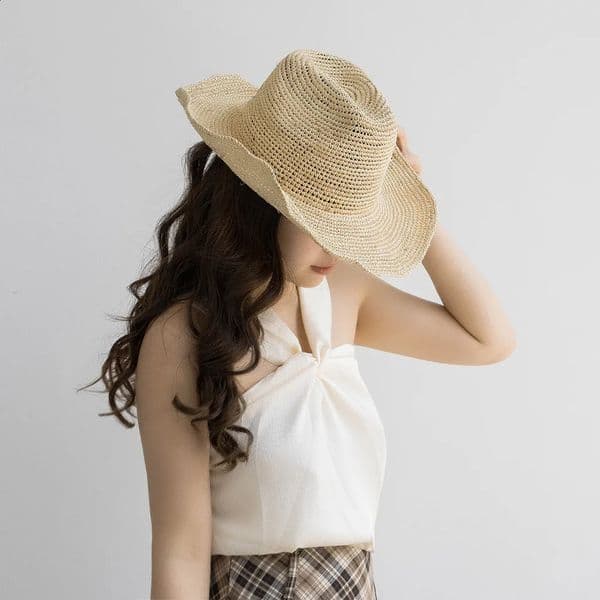 USPOP Spring Summer Fashion Casual Simple Crochet Raffia Cowboy Hat with Curled Brim Outdoor Sun Protection Straw Hat 260526