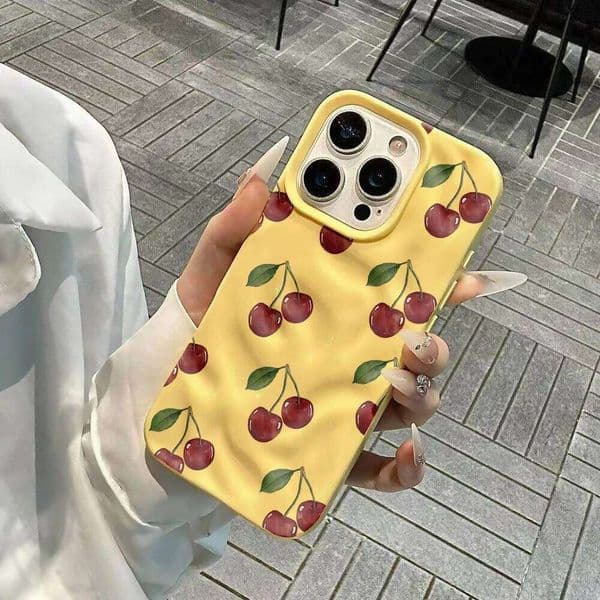 Korean Cherry Cute INS Design Soft Silicone Phone Case For iPhone 17 16 15 13 12 11 Pro Max 14 Plus 17Air Wrinkle Wave Cover