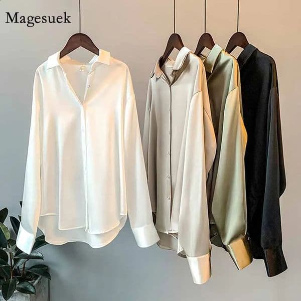 Spring Fashion Button Up Satin Silk Shirt Vintage Blouse Women White Tops Lady Long Sleeves Female Loose Street Shirts 11355 260527