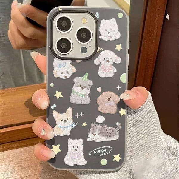 Cute Dog Cartoon Animals Phone Case For iPhone 16 11 13 15 12 14 Pro Max Silicone Soft Matte Clear 2 IN 1 Shockproof Cover
