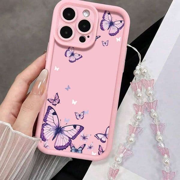 Korean Wrist Strap Case 17 15 16 14 Pro Max Plus Cases Purple Butterfly For iPhone 13 11 12 XR 7 With Lanyard Cover