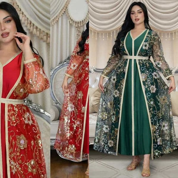 2PCS Eid Djellaba Muslim Women Mesh Embroidery Abayas with Inner Dress Set Marocain Kaftan Dubai Turkey Ka Ramadan Jalabiya L260530