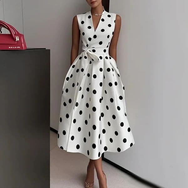 French Polka Dot Dress Summer Retro Style Elegant Waist-cinching Dress for Women Sleeveless V-Neck Lace-up Dress 260530