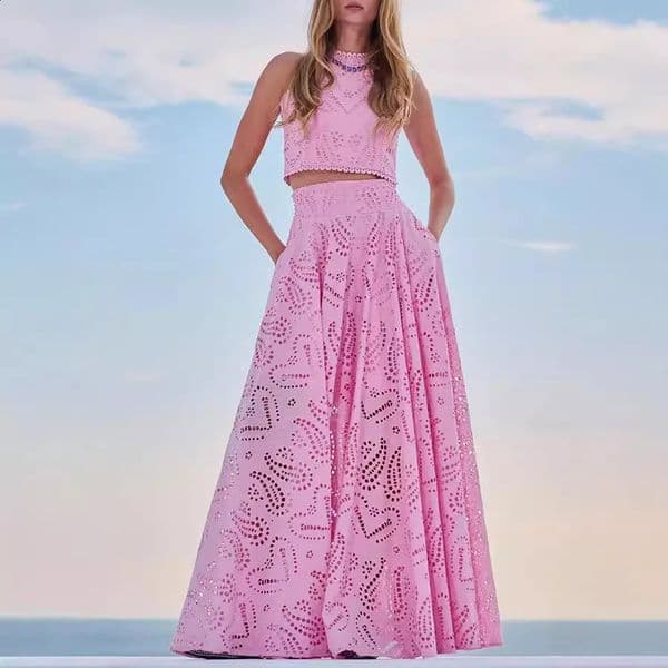 Womens Soild Hollow Out 2 Piece Skirt Outfits Sleeveless O Neck Eyelet Tank Tops Long Flowy Skirt Set Beach Casual 260529
