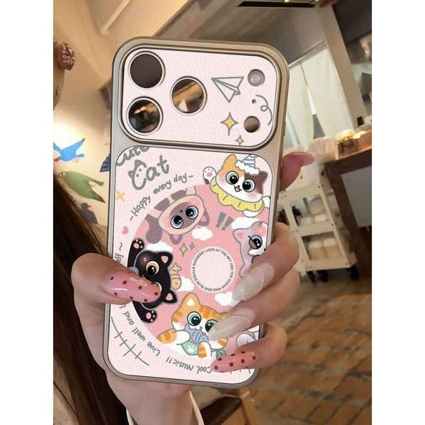 Cartoon Cat Records Imitate Phone Case For iPhone 13 14 15 16 17 Pro Max 17Pro Plating Bumper Shockproof Leather INS Cover