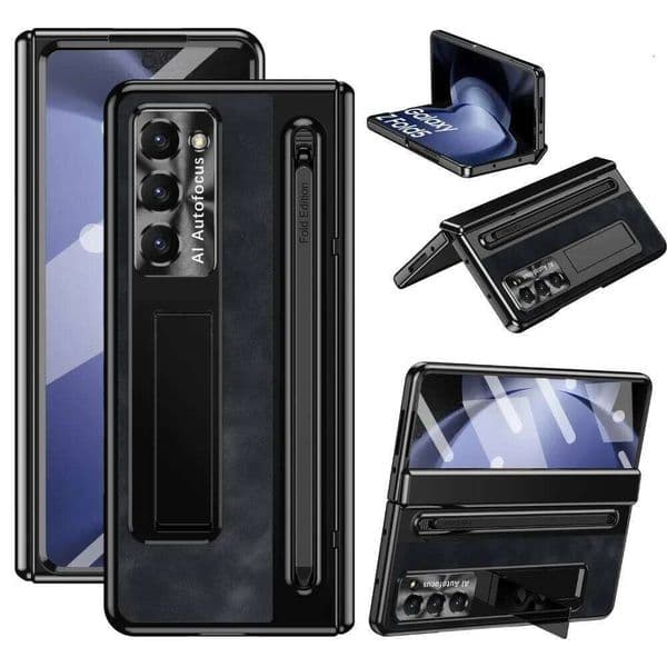 High-end Business Retro Leather With Pen Slot Holder Case For Samsung Galaxy Z Fold 7 6 5 4 Glass Film Integrated Protect Cover