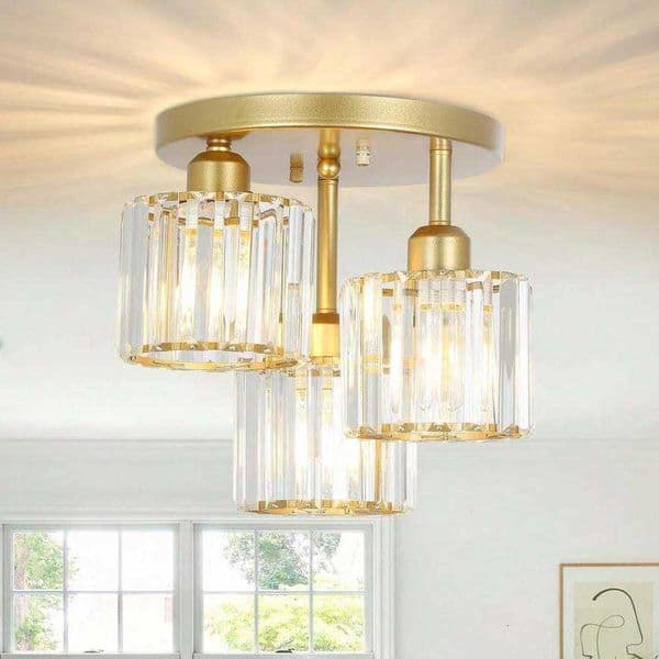 Modern Semi Flush Mount Ceiling Light3LightG oldenC rystalC loseT oC eilingL ightF ixturesKitchenL ightF ixturesW ithC learC rystalS hadeHallwayL igh C260716