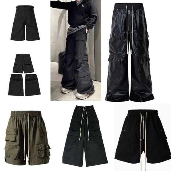 Men's Summer High Street RO Style Black Cargo Pants Loose Casual Drawstring Waist Multi-Pocket Wide Leg Streetwear Pants Short Male thumbnail 2