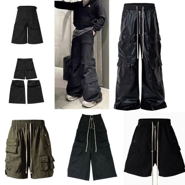 Men's Summer High Street RO Style Black Cargo Pants Loose Casual Drawstring Waist Multi-Pocket Wide Leg Streetwear Pants Short Male