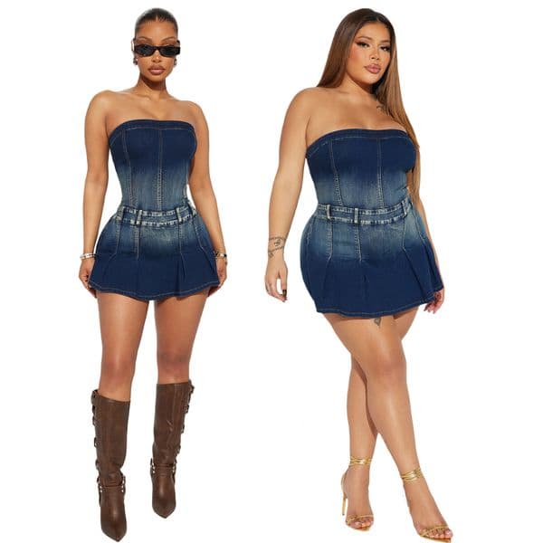 6991 Slim-Fit High-Elasticity Washed Denim Off-Shoulder One-Piece Jumpsuit Skirt