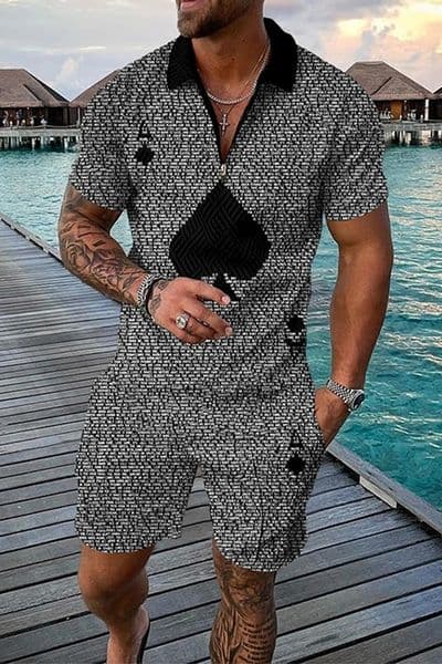 Summer Mens Tracksuit Short Sleeve Polo Shirt Set Fashion Chain Print Clothing 2 Pieces Casual Suit Streetwear Outfit 260401
