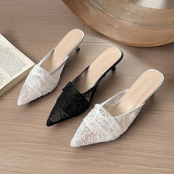 New Popular White Embroidery Lace Heels Mule Slide Woman Point Toe Stiletto Bride Shoes Ladies Elegant Wedding Party Dress Pumps X260401