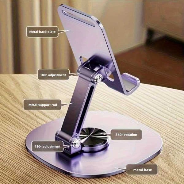 Foldable Metal Phone Stand - 360 Rotating Compact Holder for Smartphones Tablets Office Travel Accessory S2641