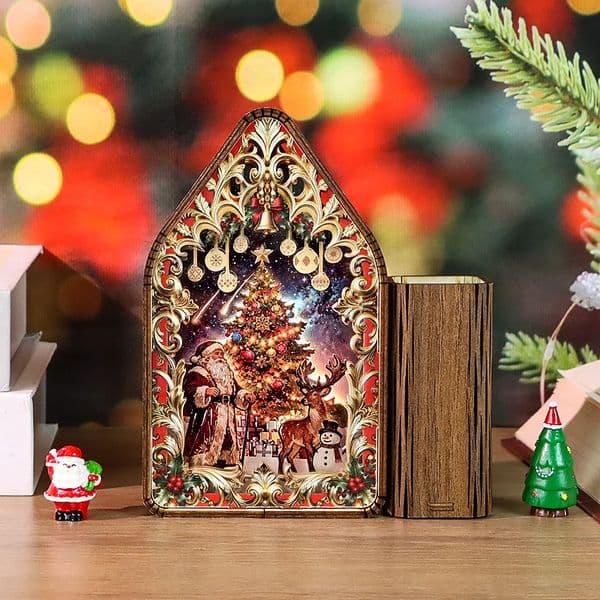 Christmas Tree Wooden Carved Pen Holder Night Light, Creative Christmas Gift Desk Decor Craft