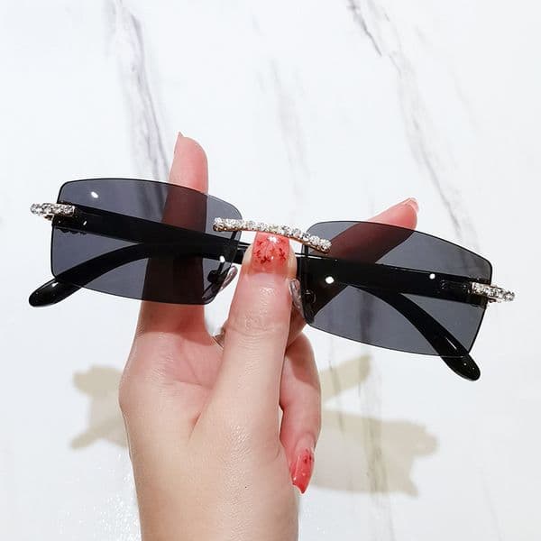 Designer sunglasses rectangular frameless for men and women, diamond-embellished, luxury brand style, trendy sunglasses