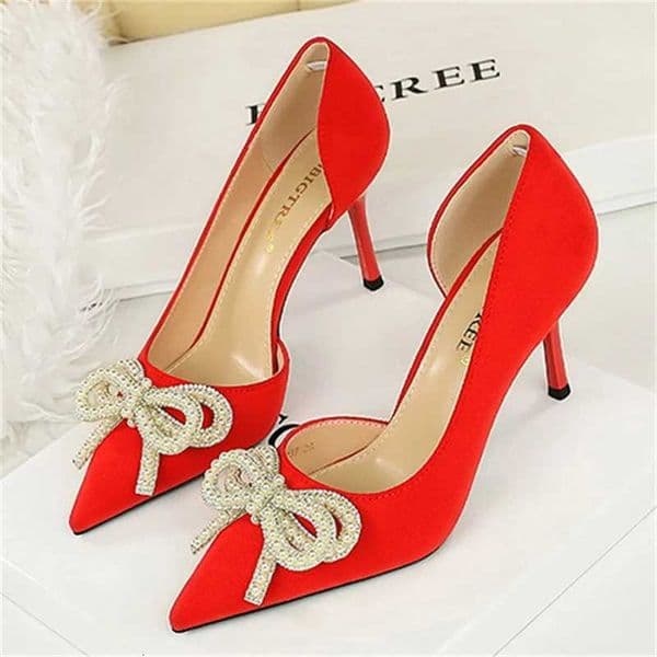 BIGTREE Elegant Pearl Bow Thin Heels Pumps Satin Shallow Mouth Pointed Side Hollow Out Thin Women Wedding Dress Single Shoes X260401