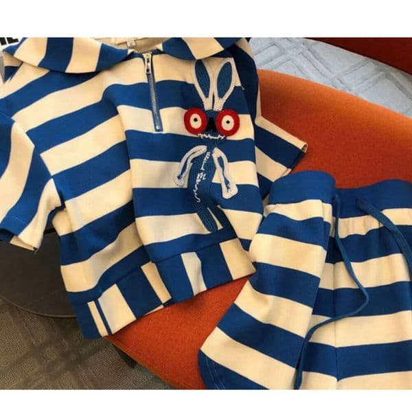 Spring And Summer Casual Fashion Sportswear Slim Fit Striped Printed Short Sleeved Top+Shorts Two-Piece Set