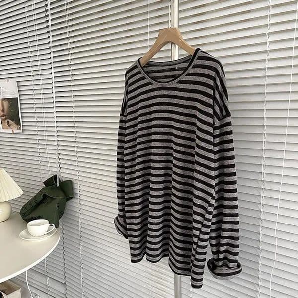 Korean Loose Long Sleeve Striped T-shirt Womens Clothing Spring Autumn Casual Fashionable Round Neck Pullovers Tops for Female 260331